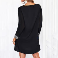 Vestido Largo De Encaje Brillante Para Mujer Con Manga Completa Y Cuello En V Color Sólido Elegante Para Noche Y Fiesta Vestido De Midi - details 3
