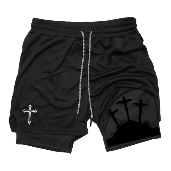 Shorts De Entrenamiento Para Hombres Con Estampado Cruzado Y Bolsillo Para Teléfono Y Anillo De Toalla Poliéster Transpirable Y Deportiva - 1