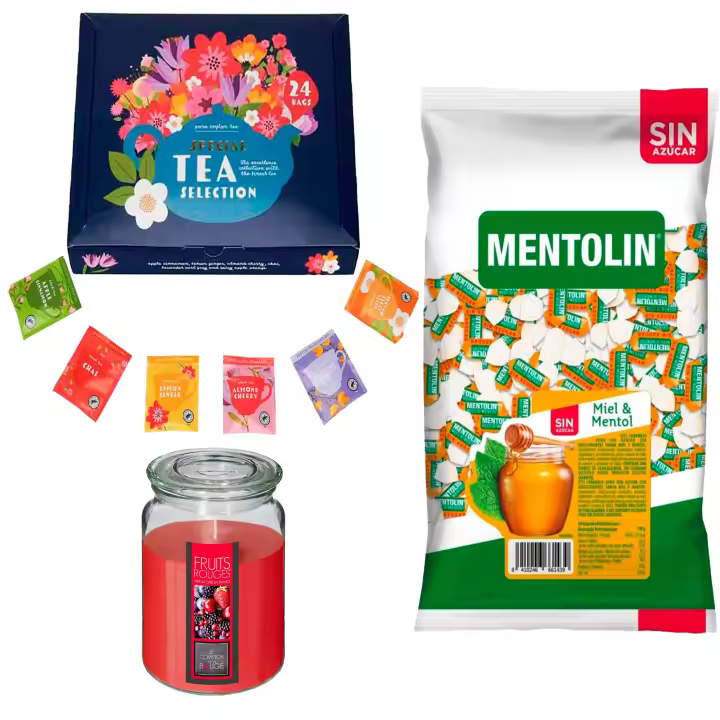 Pack surtido: MENTOLIN MIEL MENTOL S/A BOLSA 1KG + Vela perfumada de frutos rojos + Set de Te con 24 bolsitas con diferentes sabores y aromas - 1