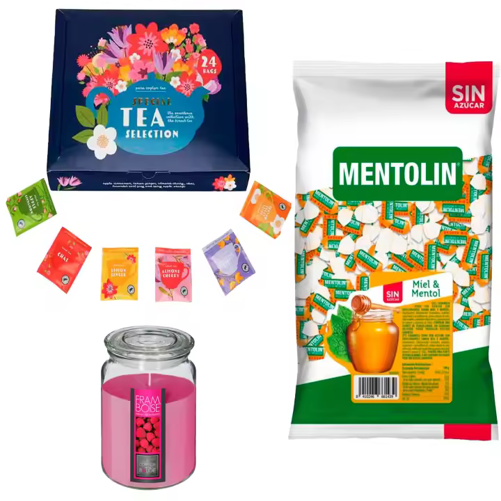 Pack surtido: MENTOLIN MIEL MENTOL S/A BOLSA 1KG + Vela perfumada de frambuesa + Set de Te con 24 bolsitas con diferentes sabores y aromas - 1