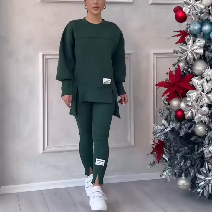 Conjunto De Dos Piezas Para Mujer Irregular Con Sudadera De Manga Larga Y Pantalones Top Abrazado Suave Para Otoño E Invierno Ropa Casual De Mujer - 1