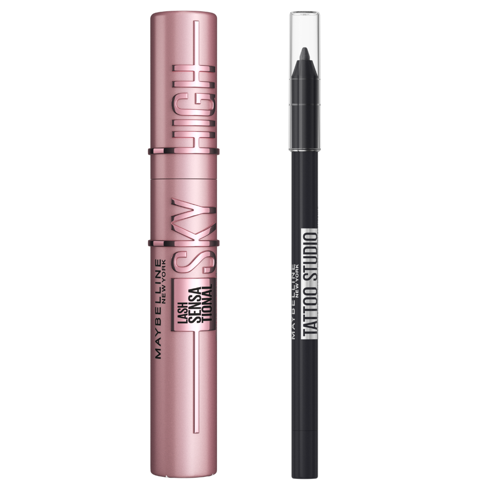 Maybelline New York | Pack rutina de ojos con la máscara de pestañas Lash Sensational Sky High en Tono Black y el lápiz de ojos Tattoo Liner en Tono Deep Onyx Black