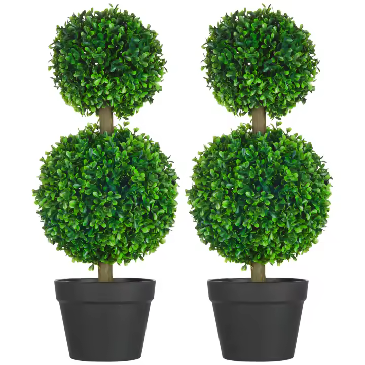 HOMCOM Plantas Artificiales, Set de 2 Boj, Planta Artificial de 60 cm con Doble Bola, Planta de Interior Resistente a los Rayos UV, Árbol Artificial, Decoración Vegetal para Interior, Exterior, Verde - 1