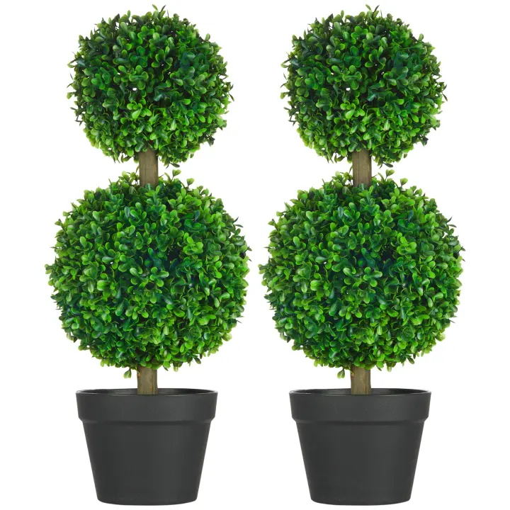 HOMCOM Plantas Artificiales, Set de 2 Boj, Planta Artificial de 60 cm con Doble Bola, Planta de Interior Resistente a los Rayos UV, Árbol Artificial, Decoración Vegetal para Interior, Exterior, Verde - 1