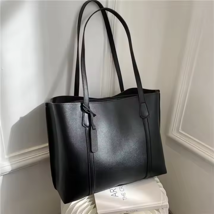 Bolso De Hombro Versátil De Cuero Suave Negro Minimalista Gran Capacidad Bolso De Tote Casual Para Mujer Estilo Inglés - 1