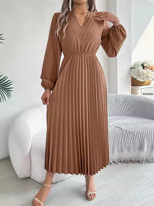 Vestido Largo De Mujer Elegante Con Tres V-Neck Y Cintura Ajustada Estilo Europeo Y Americano Para Otoño E Invierno - 1