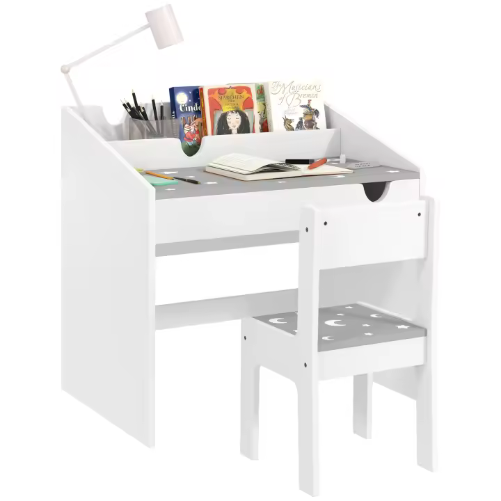 AIYAPLAY Conjunto de escritorio y silla para niños de 3 a 6 años, escritorio infantil para niños y niñas con silla, cajón deslizante, mesa infantil con silla para dormitorio, sala de juegos, guardería, gris - 1