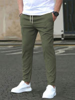 Pantalones Casuales Para Hombre De Color Sólido Con Cinturón Ajustable Y Bolsillos Estilo Regular Y Moda Pantalones Largos De Polyester - details 1