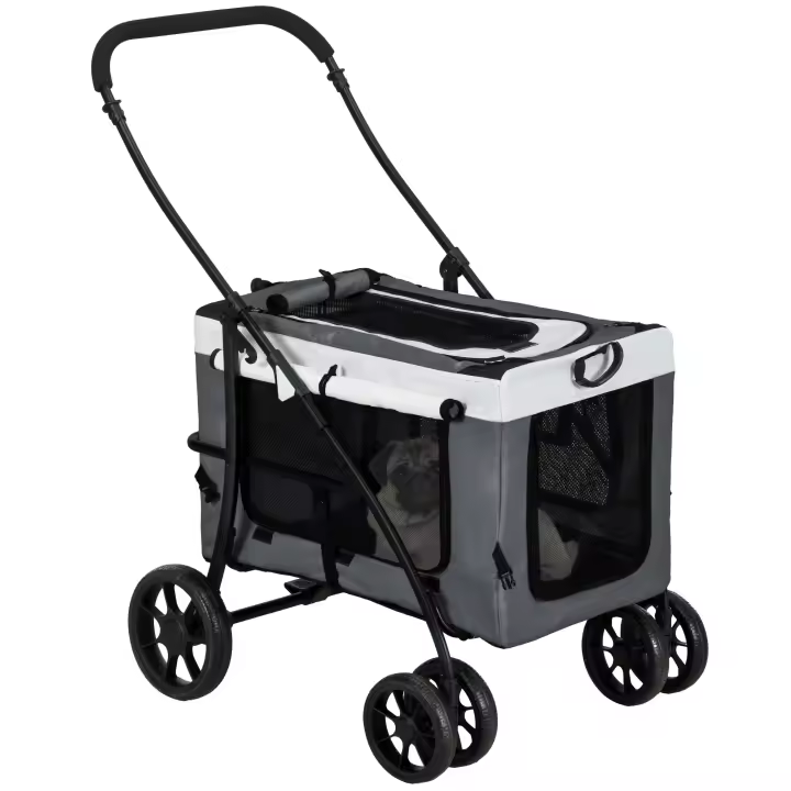 PawHut Carrito para Perros Plegable 3 en 1 Cochecito para Mascotas Carrito para Perros Miniatura con Cesta de Almacenaje Ventana de Malla Portavasos y 2 Ruedas Universales 76x50x102 cm - 1