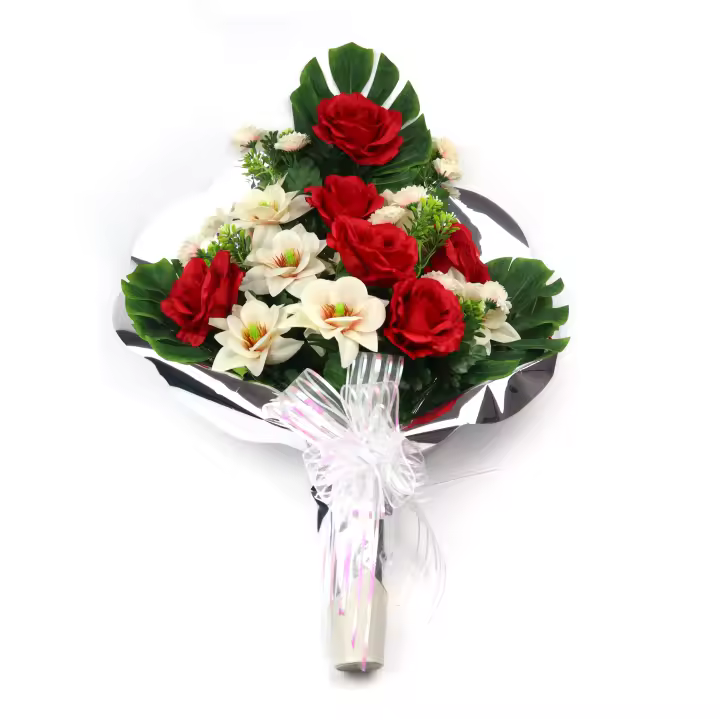 Ramo de Flores Artificiales de Tela para Cementerio arcoirsl - Composición de Rosa Dalia Rojo - Medidas 48 x 58 cm aprox - Ideal para Todos los Santos - Resistente a Intemperie y Duradero - Disponible con Envoltorio en Varios Colores - 1