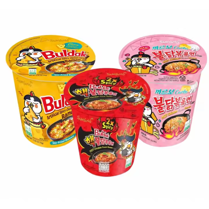 4cups de BULDAK, Ramen Samyang Buldak ,sabores al  Doble Picante, Carbonara y Queso - 1