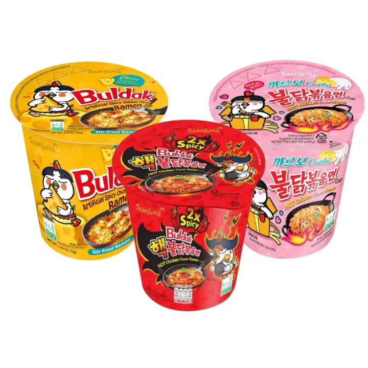 4cups de BULDAK, Ramen Samyang Buldak ,sabores al  Doble Picante, Carbonara y Queso - 1