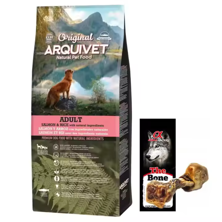 Pienso para Perros Original Adult + Hueso de jamon - Adultos - Salmón y arroz - Comida para Perros - Alimento seco para Perros - Alimentación Canina - Pienso Saludable Arquivet - 1