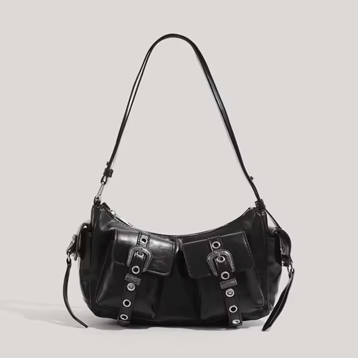 Bolso De Hombro Negro Y2K Punk Estilo Hot Girl Con Múltiples Bolsillos Y Hebilla Metálica Forma De Cuadrilátero Bolso De Media Luna - 1