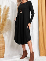 Vestido Largo Casual Para Mujer De Color Sólido Con Cuello En V Y Bolsillos Estilo Europeo Y Americano Para Otoño E Invierno Vestido Suelto Con Corte Curvo - details 5