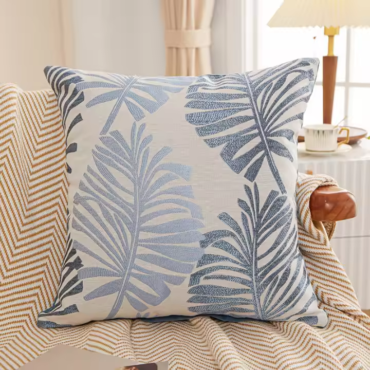  Funda De Cojín Cuadrada De 45x45 Cm Con Patrón De Hojas Bordado Y Jacquard Azul Para Decoración De Casa Y Feria Americana - 1