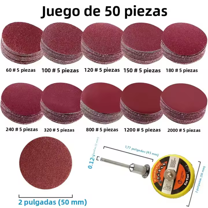 Kit De Discos De Arena De 2 Pulgadas 50-100pcs Para Taladro Herramientas Rotativas Con Placa De Apoyo Incluye Papel De Arena De 60-2000 - 1