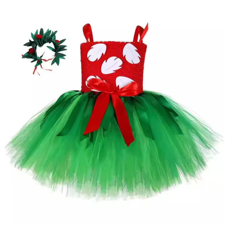 Vestido hawaiano de verano con tutú rojo y verde para niñas de 1 a 12 años con diadema de hojas de helecho tropical, regalo para fiesta de cumpleaños. - 1