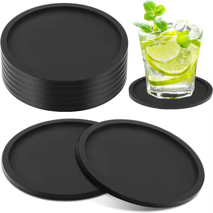 Juego de 8 posavasos redondos de diseño grueso (0,2 pulgadas), posavasos de silicona para bebidas, posavasos para café, tapete para barra de cerveza (negro) - 1