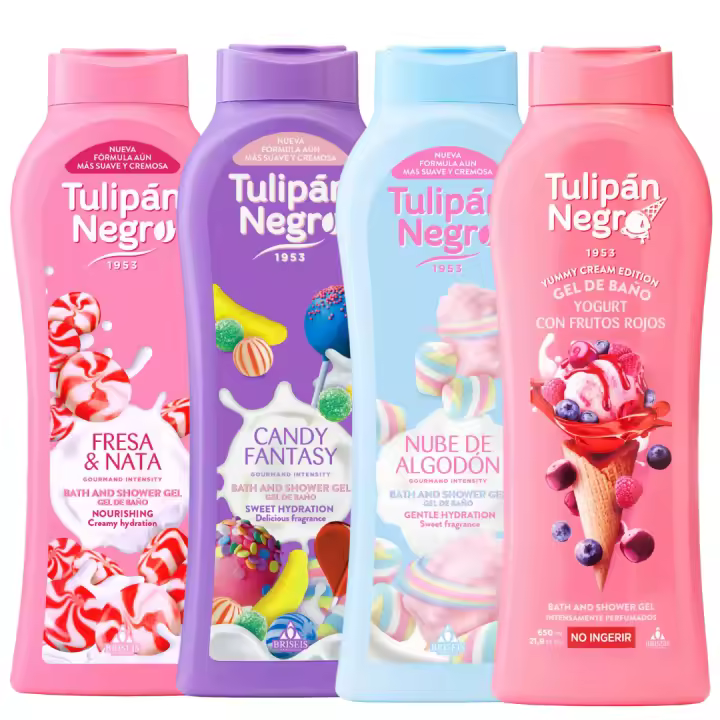 Pack 4 geles de baño tulipán negro 650 ml aromas dulces irresistibles: fresa y nata, caramelo, nube de algodón y yogur con frutos rojos. Hidratación, suavidad y deliciosas fragancias para tu cuidado diario. - 1