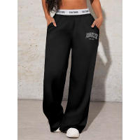 Trousers Casual Para Mujer Con Estampado De Letras Pantalones Anchos De Cintura Media Estilo Deportivo Con Bolsillos Y Cierre Elástico - details 1