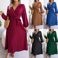 Vestido Largo De Mujer Primavera Verano V-Neck Color Sólido Plisado A-Line Cuello Grande Estilo Casual Largo Hasta El Tobillo - details 1