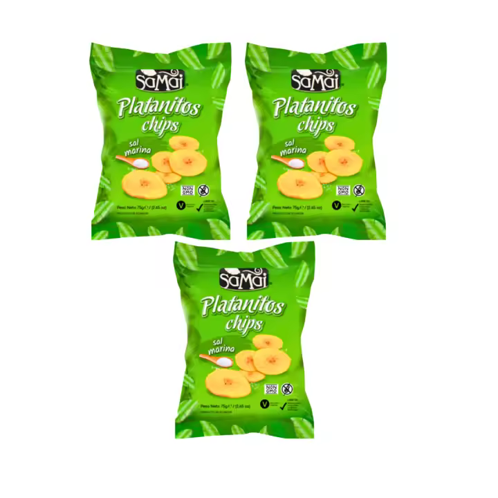 3 PAQUETE .SAMAI PLATANITOS CHIPS SAL MARINA TEXTURA FINA Y CRUJIENTE, SIN GLUTEN  75G.ECUADOR - 1