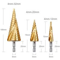 Broca escalada NetBoat HSS de 3 piezas, Maple inoxidable, 4-12/20/32mm, Titanium, conica triangular, con vástago hexagonal - details 1