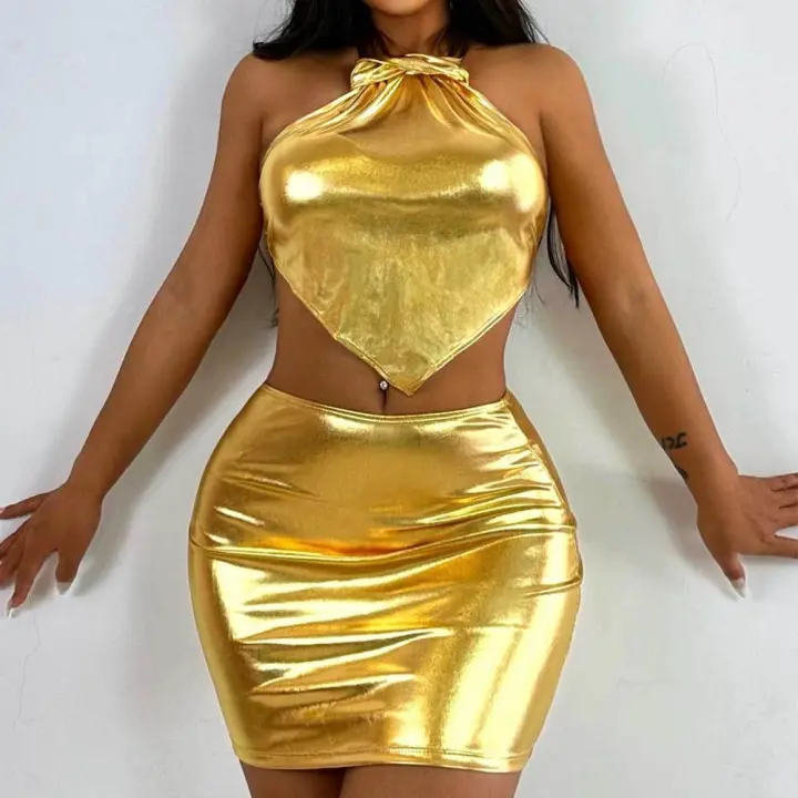 Nuevo Set De Falda Corta 2024 Con Cuello Colgante Para Mujer Sexy Y Club Polyester Suelta Ligera Ajustada a La Cadera - 1