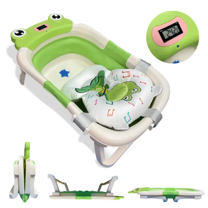 BATHBY Bañera Plegable Portátil para Bebés Recién Nacidos, con Cojín de Rana Antideslizante, Termómetro Integrado y Patas Antideslizantes, Compacta y Segura (Verde rana) - 1
