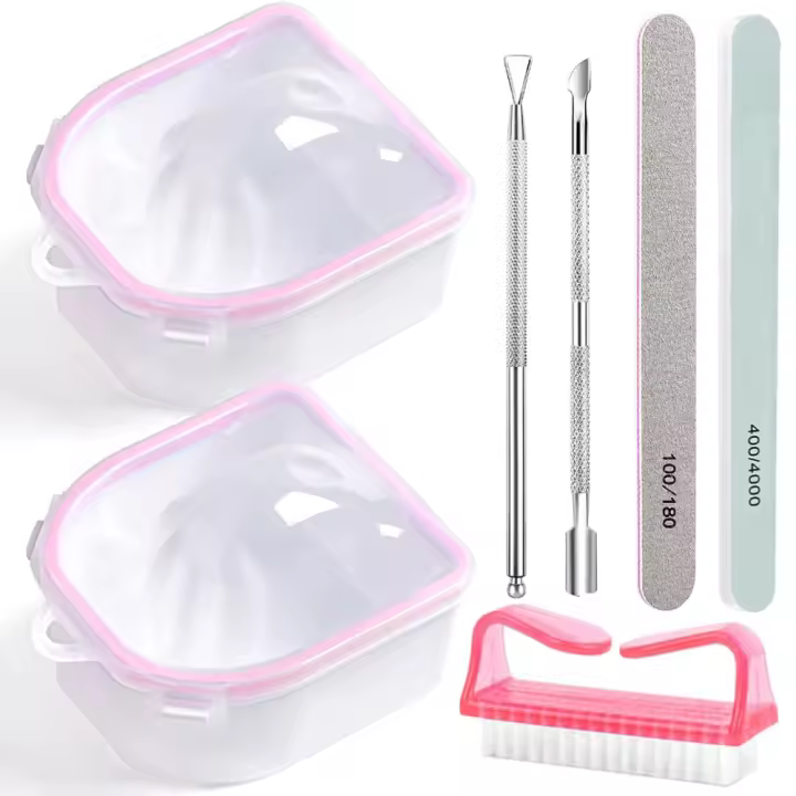 Recipiente para remojar uñas, kit quitaesmalte en gel, recipiente para manicura, herramientas para quitar polvos, cepillo para uñas, empujador de cutículas, pelador de cutículas, lima de uñas, bloque pulidor - 1