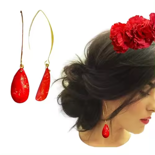 Pendientes Flamenca Mujer Imitación Piedra Natural muy ligeros-Dorados y distintos Rojos-Complementos flamenca-Pendientes Sevillana-Feria de Abril Accesorios - 1