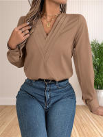 Blusa Elegante De Negocios Para Mujer Con Cuello En V Y Mangas Largas Vestido Trabajo Tops Casual De Poliéster Transpirable Para Otoño/Winter - details 4