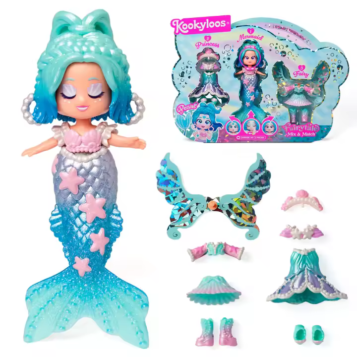KOOKYLOOS FAIRYTALE MIX & MATCH. PEARL, RAINBOW o HEARTS – Muñeca 3 en 1 de temática fantasía. Contiene 1 muñeca. 1 outfit de princesa. 1 outfit de sirena y 1 outfit de hada - 1