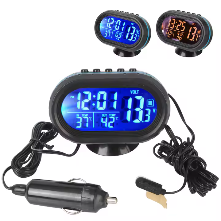 Reloj Digital Para Coche 12V/24V Con Voltímetro Y Termómetro LCD De 3 En 1 Accesorio Interior Con Luz Nocturna Y Advertencia De Frío - 1