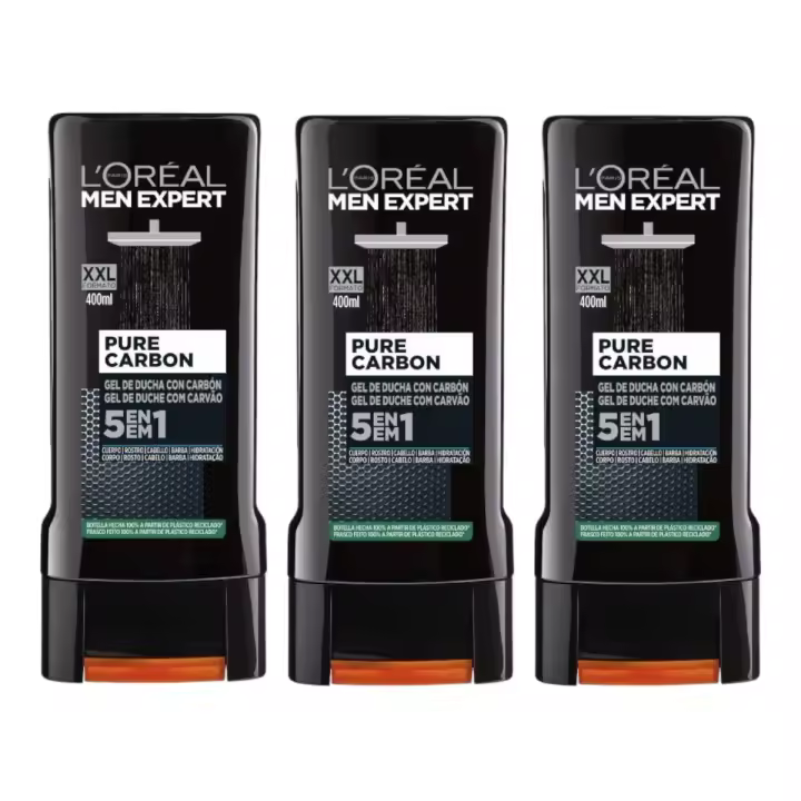 L'OREAL PARIS MEN EXPERT Pack de 3 Botes de Gel de Baño Pure Carbon Frasco para Cuerpo Cara y Cabello y Rostro 400 ml (1200 ml en total) - 1