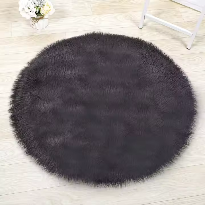 Alfombra Redonda De Peluche Sintético Negro Para Decoración De Sala De Estar Y Dormitorio Tapete Antideslizante Y Anti-Desvanecimiento - 1