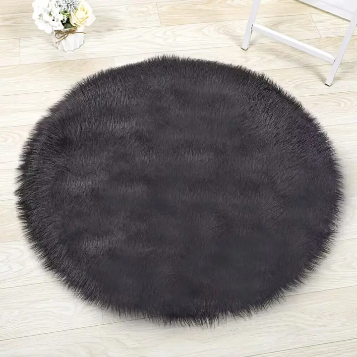 Alfombra Redonda De Peluche Sintético Negro Para Decoración De Sala De Estar Y Dormitorio Tapete Antideslizante Y Anti-Desvanecimiento - 1
