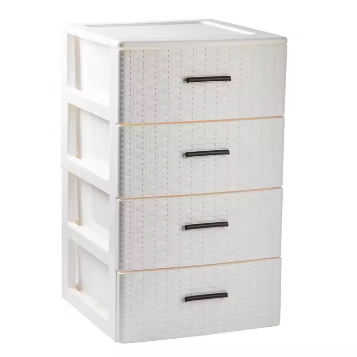Tradineur - Cajonera de ordenación Rattan de plástico - 4 cajones - Torre de almacenaje multiusos, organizador auxiliar, almacenamiento, baño - 61,5 x 39,5 x 36,5 cm - Color Blanco Roto - 1