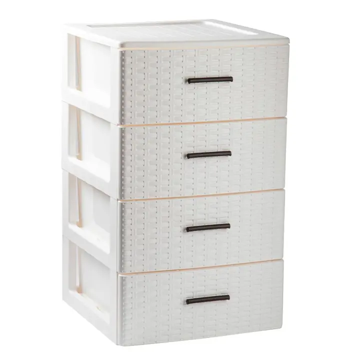 Tradineur - Cajonera de ordenación Rattan de plástico - 4 cajones - Torre de almacenaje multiusos, organizador auxiliar, almacenamiento, baño - 61,5 x 39,5 x 36,5 cm - Color Blanco Roto - 1