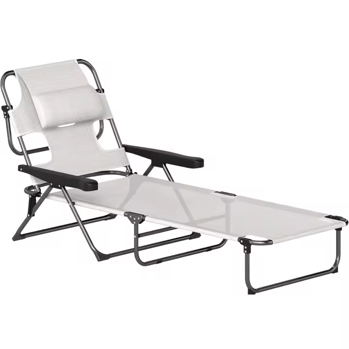 Tumbona Plegable Tumbona de Jardín con Respaldo Ajustable en 4 Niveles Orificio de Lectura y Reposacabezas para Terraza Piscina 194x72x31 cm Crema - 1