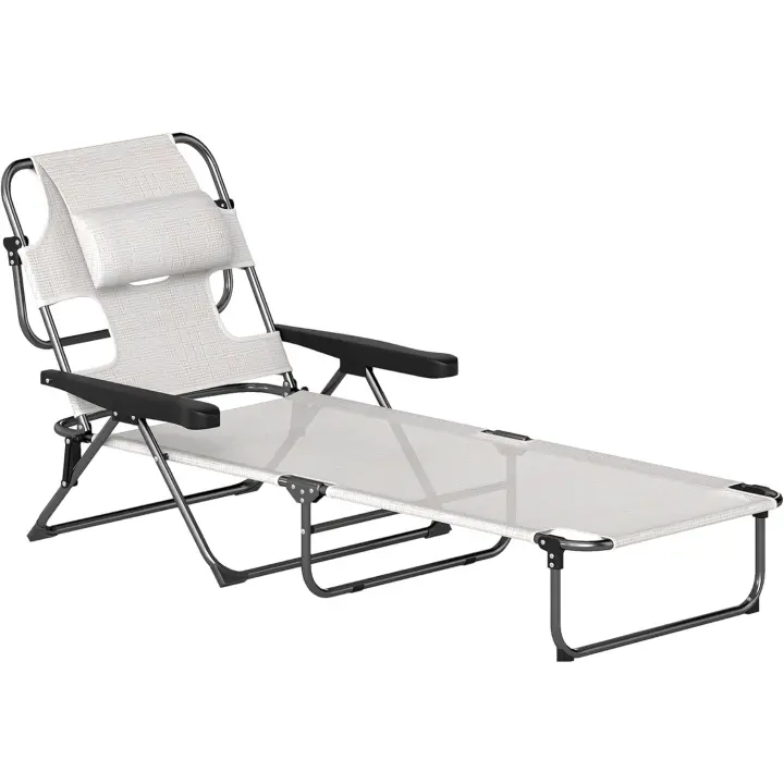 Tumbona Plegable Tumbona de Jardín con Respaldo Ajustable en 4 Niveles Orificio de Lectura y Reposacabezas para Terraza Piscina 194x72x31 cm Crema - 1