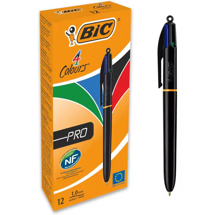 BIC 4 Colores PRO (Negro, Azul, Verde, Rojo) Cuerpo Negro Punta Retráctil (Caja de 12 Uds.) - 1