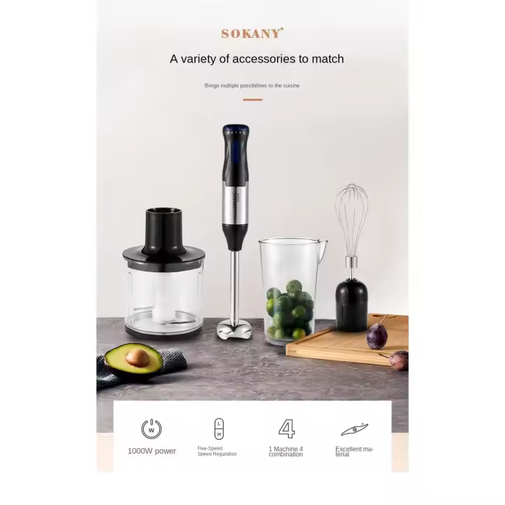 Batidora de mano 1000W, 5 Velocidad regulable + Turbo, 4-en-1 Picadora Eléctrica Maple inoxidable Incluye Vaso medio, Picador y Emulsionador | Pica hielo, Pies freezados, Frutos Secos - 1