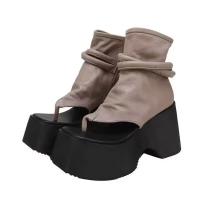 Sandalias De Verano Para Mujer Con Tacón Ancho Plataforma Cuña Cordones De Cuero Genuino Estilo Gladiador Con Corte Y Banda Delgada Botas De Tobillo Con Cordones De Anclaje - details 5