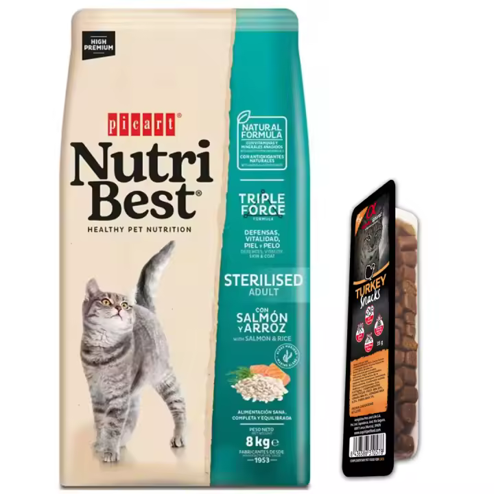 Pienso para Gatos NutriBest Cat Sterilised Salmón 8 kg + Snacks 35gr - Gato adulto esterilizado - Pienso sabor salmon Picart Alimentos secos para gatos - 1