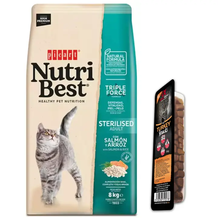 Pienso para Gatos NutriBest Cat Sterilised Salmón 8 kg + Snacks 35gr - Gato adulto esterilizado - Pienso sabor salmon Picart Alimentos secos para gatos - 1