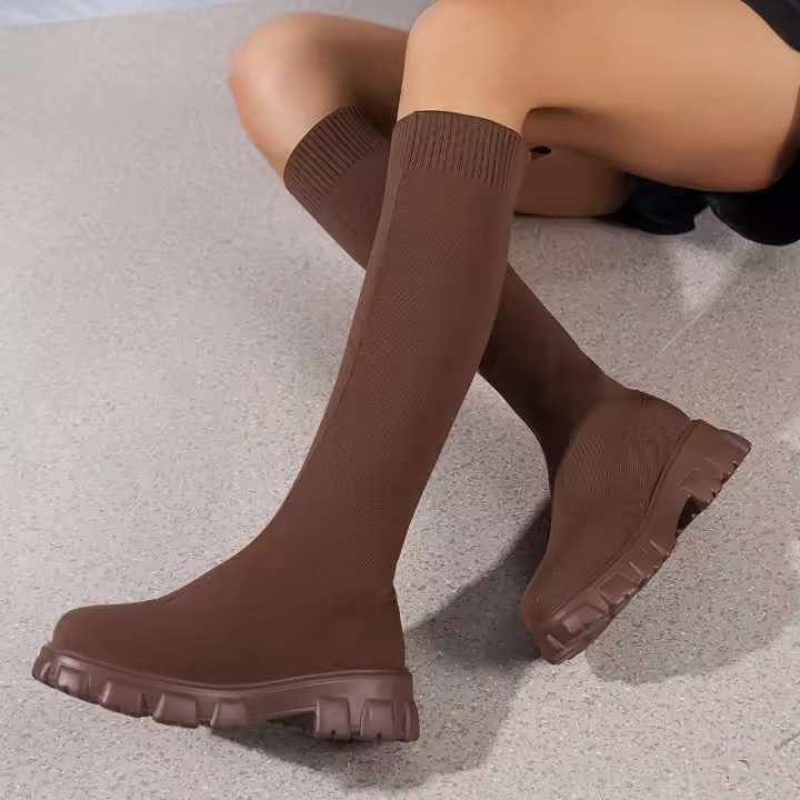 Botas Largas Tejidas Para Mujer Con Suela Gruesa Moda Calcetines Elásticos Tobilleras Cuadrado Bajo Tacones Botas De Mujer 2024 - 1