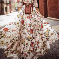 Vestido Elegante De Maxi Estampado Floral Para Mujer A-Línea Cintura Alta Manga Corta Estilo Bohemio Vestido Largo - details 5