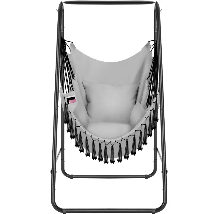 Tectake - Silla colgante ALISON estilo boho, capacidad de carga 160 kg, Acogedor sillón colgante, Diseño boho, Con elegantes borlas decorativas, Para interior y exterior, Incluye cojín de asiento, respaldo supergrueso y 2 cojines laterales - 1